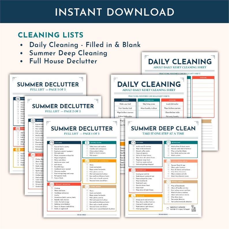 Peut inclure: Une collection de listes de nettoyage imprimables comprenant des feuilles pour le m&eacute;nage quotidien, le d&eacute;sencombrement estival et le grand nettoyage d'&eacute;t&eacute;. Les documents pr&eacute;sentent des en-t&ecirc;tes bleu fonc&eacute;, orange et bleu sarcelle avec des listes.