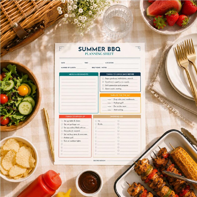Peut inclure: Une feuille de planification de barbecue d'&eacute;t&eacute; en papier blanc avec des sections pour le menu, le nombre d'invit&eacute;s, le calendrier et la liste de courses. Le document pr&eacute;sente des en-t&ecirc;tes bleu fonc&eacute;, bleu sarcelle, orange et rouge.