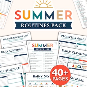 Peut inclure: Un pack de routines estivales comprenant plus de 40 pages de planificateurs et de listes de contr&ocirc;le imprimables. La collection inclut une liste d'activit&eacute;s estivales, des emplois du temps, une liste de lecture et des id&eacute;es de repas.