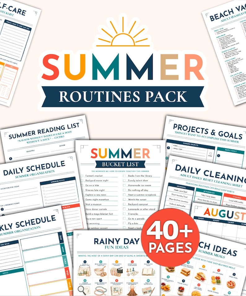 Peut inclure: Un pack de routines estivales comprenant plus de 40 pages de planificateurs et de listes de contr&ocirc;le imprimables. La collection inclut une liste d'activit&eacute;s estivales, des emplois du temps, une liste de lecture et des id&eacute;es de repas.