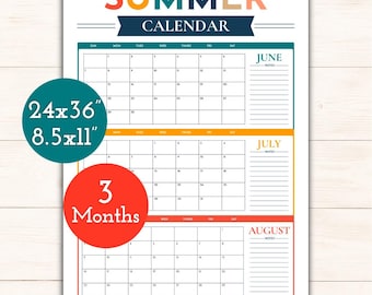 ZOMER 2026 grote KALENDER | Juni Juli Augustus | 24 x 36" + 8,5 x 11" | Afdrukbare pdf | Zomer in één oogopslag gezinskalender