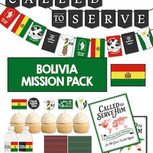 May include: A collection of party supplies with a Bolivian theme. Includes a banner that reads "CALLED TO SERVE", cupcake toppers, water bottle labels, and a sign that says "BOLIVIA MISSION PACK".