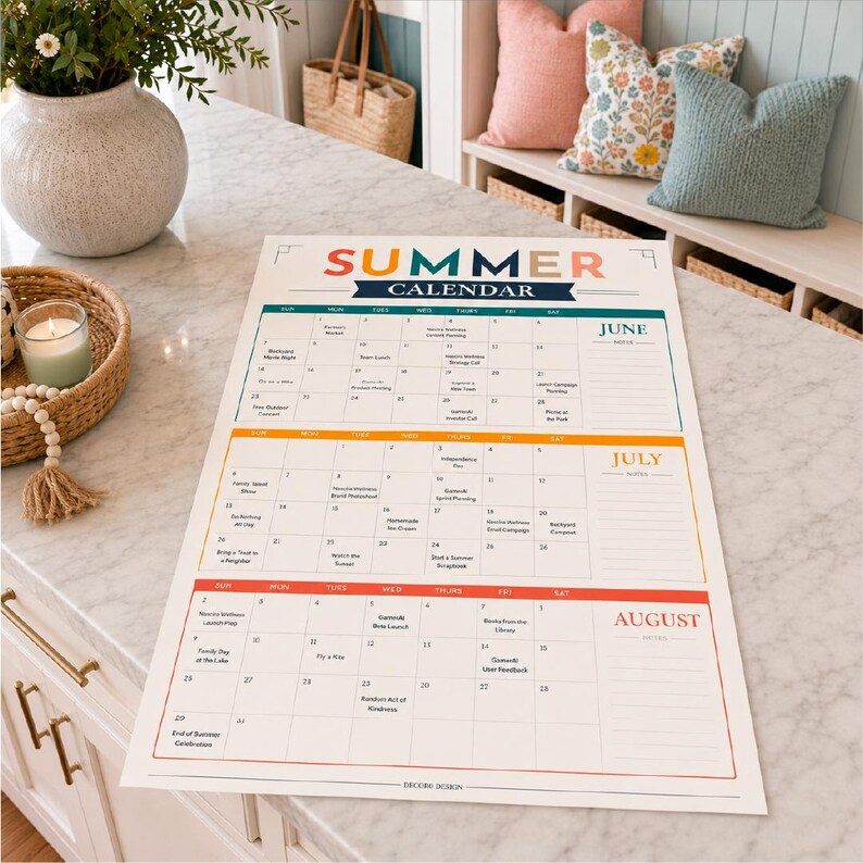 Peut inclure: Un grand calendrier mural en papier intitul&eacute; Summer Calendar avec des sections pour juin, juillet et ao&ucirc;t. Le calendrier pr&eacute;sente une grille avec des cases quotidiennes, des sections de notes et des en-t&ecirc;tes color&eacute;s en bleu sarcelle, orange et rouge.