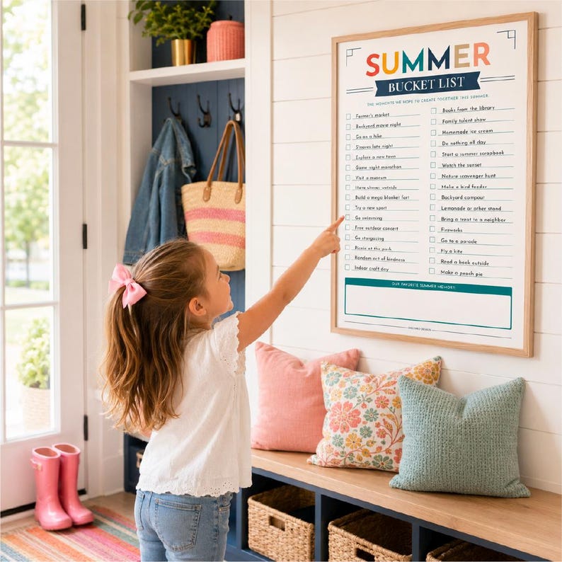 Peut inclure: Une affiche murale encadr&eacute;e intitul&eacute;e Summer Bucket List avec une liste d'activit&eacute;s &agrave; cocher et un espace vide pour les souvenirs en bas. L'affiche pr&eacute;sente du texte color&eacute; et une liste de t&acirc;ches incluant Go on a hike, Watch the sunset et Fly a kite.