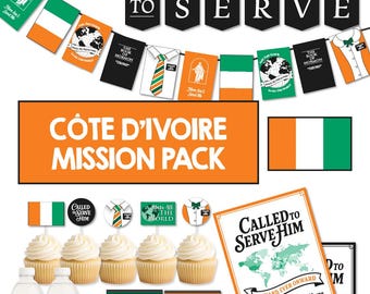 May include: A party decoration set featuring a black banner with white text reading CALLED TO SERVE, orange and green flag pennants, cupcake toppers with ties and globes, water bottle labels, and a sign reading CALLED TO SERVE HIM.