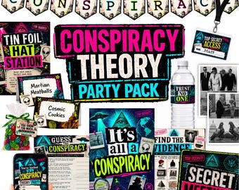CONSPIRACY THEORY PARTY-pakket - direct downloaden, afdrukbaar feestpakket, borden, bewijsmuur, topgeheime feest, samenzwering afdrukbaar decor