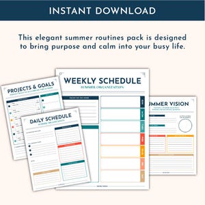 Peut inclure: Un pack de routines estivales num&eacute;riques comprenant quatre feuilles de planification imprimables avec du texte bleu fonc&eacute;. Les pages incluent un planning hebdomadaire, quotidien, des projets et objectifs, et une vision estivale, avec des cases color&eacute;es.