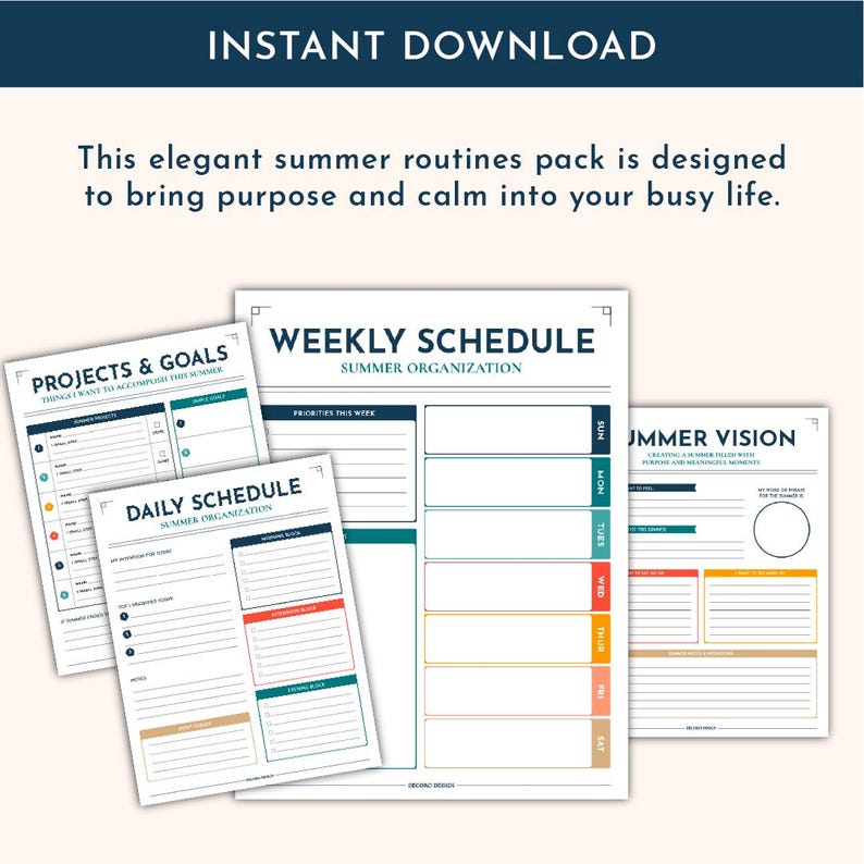 Peut inclure: Un pack de routines estivales num&eacute;riques comprenant quatre feuilles de planification imprimables avec du texte bleu fonc&eacute;. Les pages incluent un planning hebdomadaire, quotidien, des projets et objectifs, et une vision estivale, avec des cases color&eacute;es.