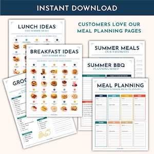 Peut inclure: Une collection de pages de planification de repas imprimables avec des titres tels que Lunch Ideas, Breakfast Ideas, Summer Meals, Summer BBQ Planning Sheet et Weekly Summer Meal Planning. Les feuilles incluent des illustrations alimentaires color&eacute;es, des listes et des lignes vides.