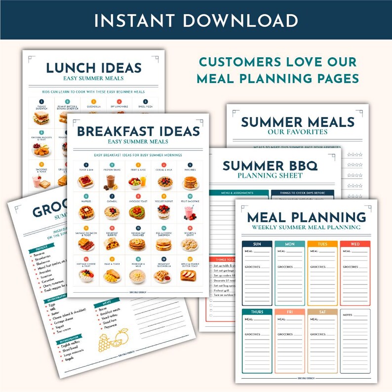 Peut inclure: Une collection de pages de planification de repas imprimables avec des titres tels que Lunch Ideas, Breakfast Ideas, Summer Meals, Summer BBQ Planning Sheet et Weekly Summer Meal Planning. Les feuilles incluent des illustrations alimentaires color&eacute;es, des listes et des lignes vides.