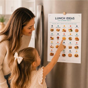 Peut inclure: Une affiche murale rectangulaire blanche intitul&eacute;e LUNCH IDEAS EASY SUMMER MEALS pr&eacute;sentant une grille de quinze illustrations alimentaires num&eacute;rot&eacute;es avec des &eacute;tiquettes textuelles. L'affiche est fix&eacute;e sur une surface en inox avec un aimant en bois.