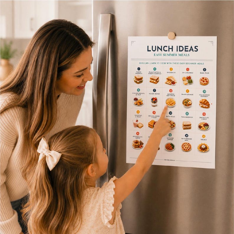 Peut inclure: Une affiche murale rectangulaire blanche intitul&eacute;e LUNCH IDEAS EASY SUMMER MEALS pr&eacute;sentant une grille de quinze illustrations alimentaires num&eacute;rot&eacute;es avec des &eacute;tiquettes textuelles. L'affiche est fix&eacute;e sur une surface en inox avec un aimant en bois.