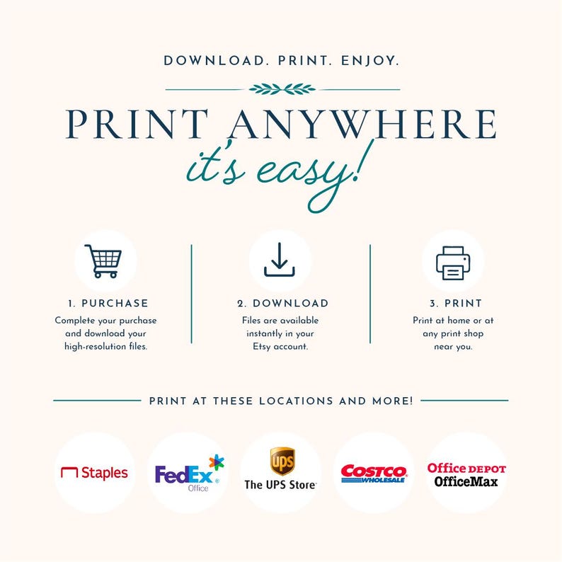 Peut inclure: Un graphique explicatif avec le texte DOWNLOAD. PRINT. ENJOY. PRINT ANYWHERE it's easy! Il pr&eacute;sente trois &eacute;tapes : 1. PURCHASE, 2. DOWNLOAD, 3. PRINT avec des ic&ocirc;nes. Il liste des lieux d'impression comme Staples, FedEx Office, The UPS Store, Costco et Office Depot OfficeMax.
