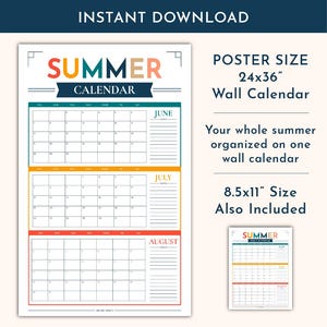Peut inclure: Un calendrier mural avec le texte SUMMER CALENDAR et des sections pour juin, juillet et ao&ucirc;t. Le design inclut des grilles pour les dates et des zones de notes lign&eacute;es. Le texte indique une taille de 24x36 pouces et 8.5x11 pouces incluse.