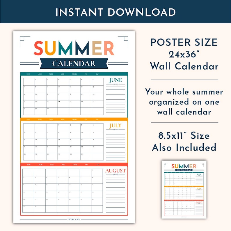 Peut inclure: Un calendrier mural avec le texte SUMMER CALENDAR et des sections pour juin, juillet et ao&ucirc;t. Le design inclut des grilles pour les dates et des zones de notes lign&eacute;es. Le texte indique une taille de 24x36 pouces et 8.5x11 pouces incluse.