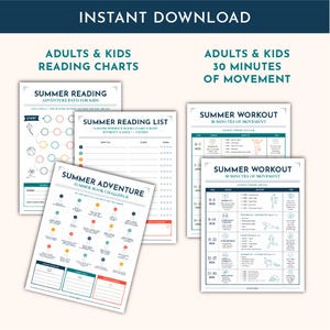 Peut inclure: Une collection de fiches d'activit&eacute;s imprimables comprenant des tableaux Summer Reading Adventure Path, Summer Reading List, Summer Adventure Book Challenge et Summer Workout 30 Minutes of Movement pour adultes et enfants avec texte et ic&ocirc;nes.