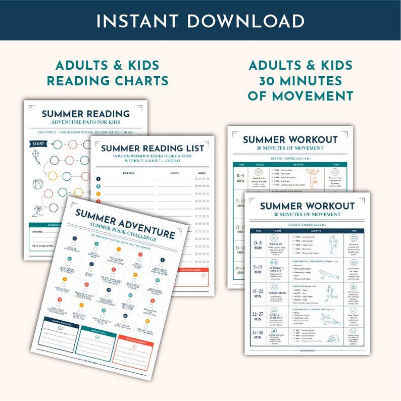 Peut inclure: Une collection de fiches d'activit&eacute;s imprimables comprenant des tableaux Summer Reading Adventure Path, Summer Reading List, Summer Adventure Book Challenge et Summer Workout 30 Minutes of Movement pour adultes et enfants avec texte et ic&ocirc;nes.