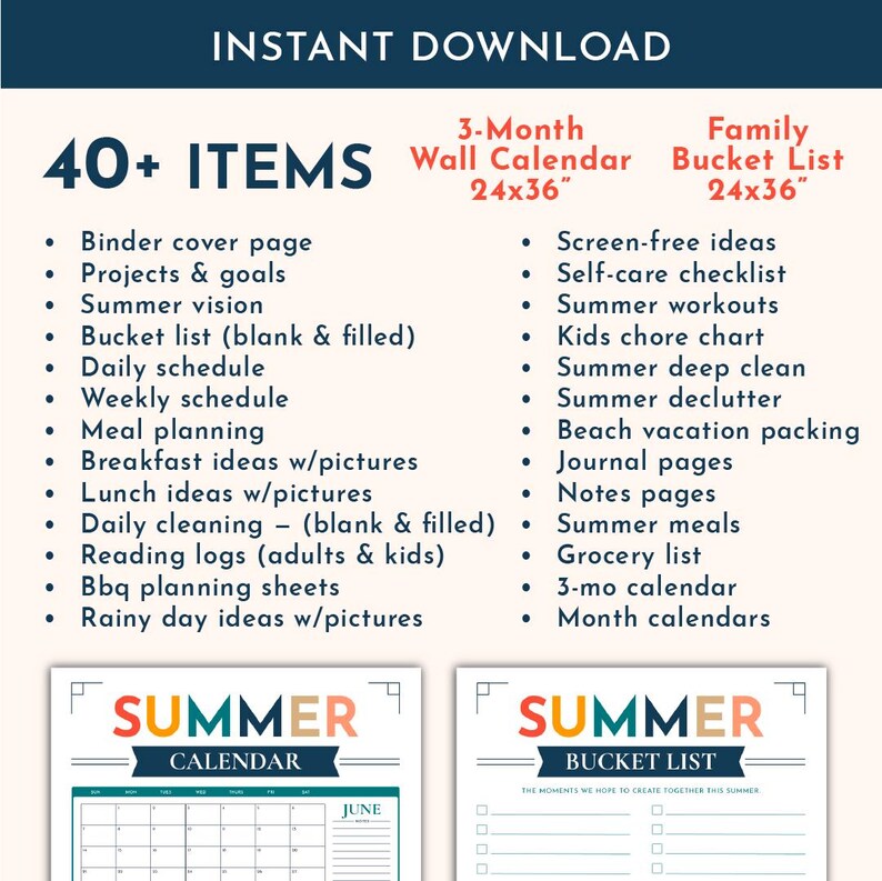 Peut inclure: Un ensemble de t&eacute;l&eacute;chargement num&eacute;rique comprenant plus de 40 articles d'organisation, dont un calendrier mural et une liste de souhaits de 61x91 cm. La liste inclut des couvertures de classeur, des plannings, des menus et des listes de t&acirc;ches estivales.