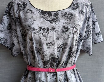 Skull Print Flowy Top - One Size Fits Most, Edgy Women's Blouse