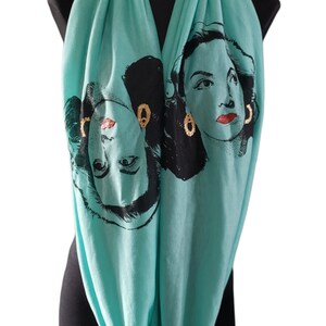 Maria Felix Hand Painted Unisex Infinity Scarf. Unique Maria Felix Screen Printed Teal Green Color Wrap Around Infinity Scarf.