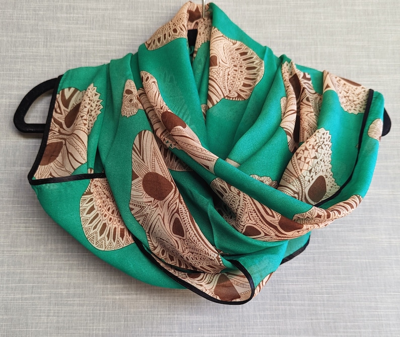 Sugar Skull Green Apple Color Scarf. Green And Beige Color Sugar Skull. Calavera Scarf Shawl. image 1