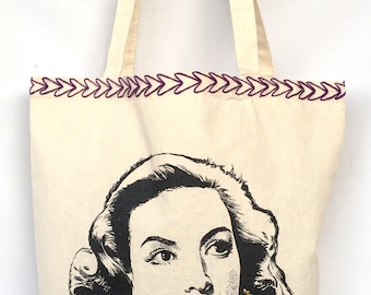 Borsa tote ricamata Maria Felix. Borsa in tela dipinta a mano Maria Felix. Borsa in tela Maria Felix.