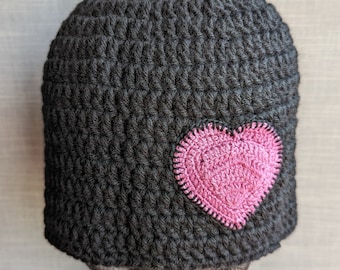 Oh, So Beautiful Mi Corazon Black Crochet Unisex Hat. Black Handmade Mi Corazon Hat. Warm Winter Heart Beanie.