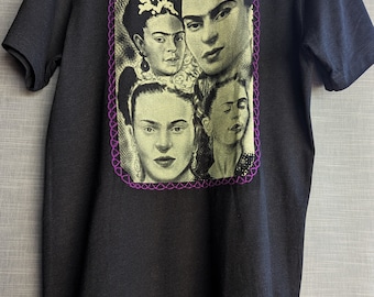 Frida Collage Heather Black Color Unisex Screen-Printed Shirt with Hand Stitched Detail Frame.