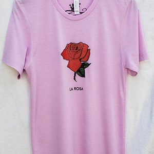 La Rosa Lilac Hand Painted Screen Printed Unisex Shirt. La Loteria Game Rosa Shirt. Gift Friendly