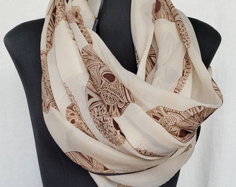 Sugar Skull Almond Latte Silky Scarf. Brown Beige Calavera Scarf. Fall Fashion Beige Scarf. Gift Friendly.