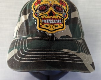 Camouflage Military Green Women's Baseball Hat. Unisex Hat with Yellow Skull Applique.