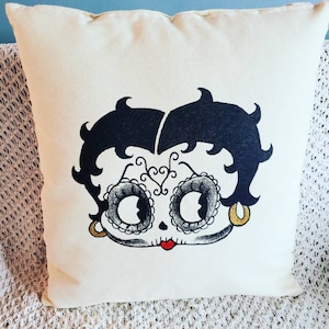 Betty Boop Day of the Dead Hand Painted Screen Printed Pillow. Hand Painted Double Side Betty Boop Picture Pillow Cover. Gift Friendly.