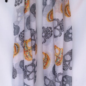 Sugar Skull White Gray Multicolored Scarf. Sugar Skull Print Scarf. Day of the Dead Sugar Skull Scarf. Gift Friendly .