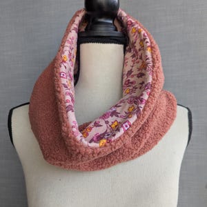 Floral Double Sided Cowl Scarf. Textured Neck Scarf. Fashion Infinity Scarf. Fleece Neck Warmer. Shade of Brick Color Scarf.
