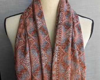 Autumn Winter Bohemian Burned Orange Shawl Scarf. Ethnic Fringed Rectangular Warm Fall Scarf