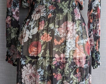 Chiffon Maxi Dress With Long Sleeves. See Through Dress For Women. Elegant Floral Dress. Spring Flowers Dress.