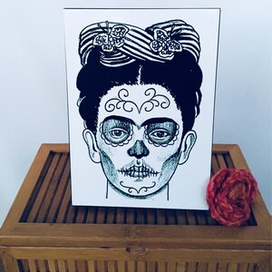 Frida Catrina Day of the Dead Wood Panel. Black Wood Panel with Pressed Frida Photo. Gift Friendly .