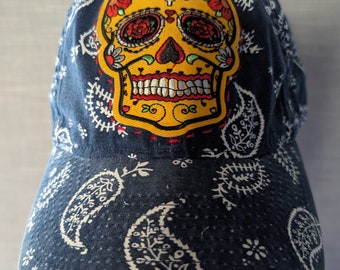 Sugar Skull Baseball Unisex Hat. Summer/Fall Ready Womens/Men's Cap. Hand Stitched Yellow Skull on Denim Paisley Print Hat.