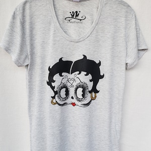 Betty Boop Day Of The Dead Screen Printed Hand Painted Tshirt. Oatmeal Color Betty Boop Women Tshirt . Gift Friendly .