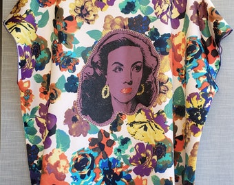 Maria Felix Hand Stitched Floral Blouse. Maria Felix Embroidered. Floral Print Fabric Print Women's Blouse Top.
