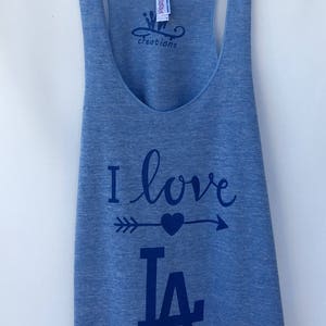 LA Blue Tank Top. Los Angeles Dodgers Tank Top. Dodgers Heather Blue Racer Back Tank Top. Gift Friendly.