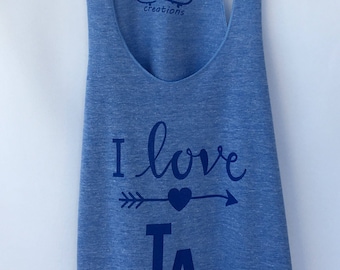 LA Blue Tank Top. Los Angeles Dodgers Tank Top. Dodgers Heather Blue Racer Back Tank Top. Gift Friendly.