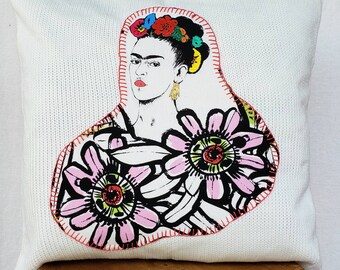 Frida Hand Stitched Hand Painted Off White Cable Knitted Decorative Pillow Case.