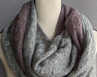 2 Tone Infinity Knitted Scarf.  Light Fig And Gray Colors Unisex Scarf. All Seasons Warm Lace Fabulous Loop Scarf.