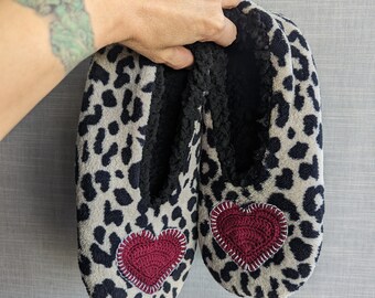 Women's Slippers with Crochet Hand Stitched Heart. Soft Sherpa Lined Fluffy Indoor Slippers Socks. Gift for Valentine.