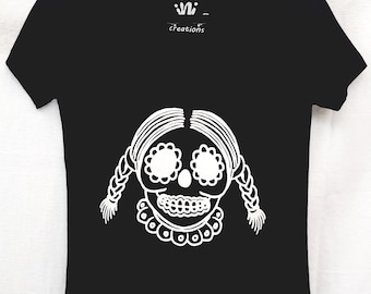 Sugar Skulls Women's Chilindrina V-Neck Black T-shirt. Women's Skull Girl With Screen Printed Day Of The Dead Design.