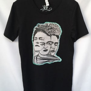 Frida Hand Stitched Black T-shirt. Frida Picture Las Tres Fridas T-shirt. Frida Faces T-shirt. Gift Friendly.