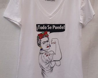 Frida Todo se Puede Tshirt. Hand Painted Frida Shirt. Women's Frida V- Neck White T-Shirt