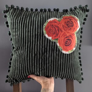 Green Velvet Pillow Case with Hand-Stitched Red Roses. Romantic Floral Embroidery Gift. Handmade Textile.