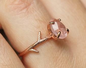 Pixie Ring, Rose Quartz Ring, Valentines Day Gift, Whimsical Ring, Bohemian Ring, Pink Stone Ring, Pear Shaped Ring, Teardrop Ring
